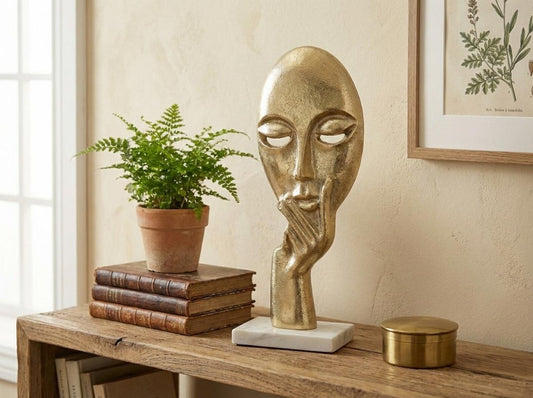 Abstract Face Sculpture - Gold Thinker Statue, Marble Base
