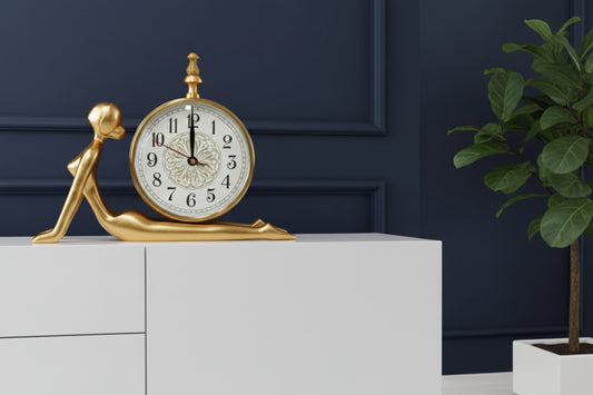 Golden Brushed Metal Yoga Table Clock - Cobra Pose - Desk Decor