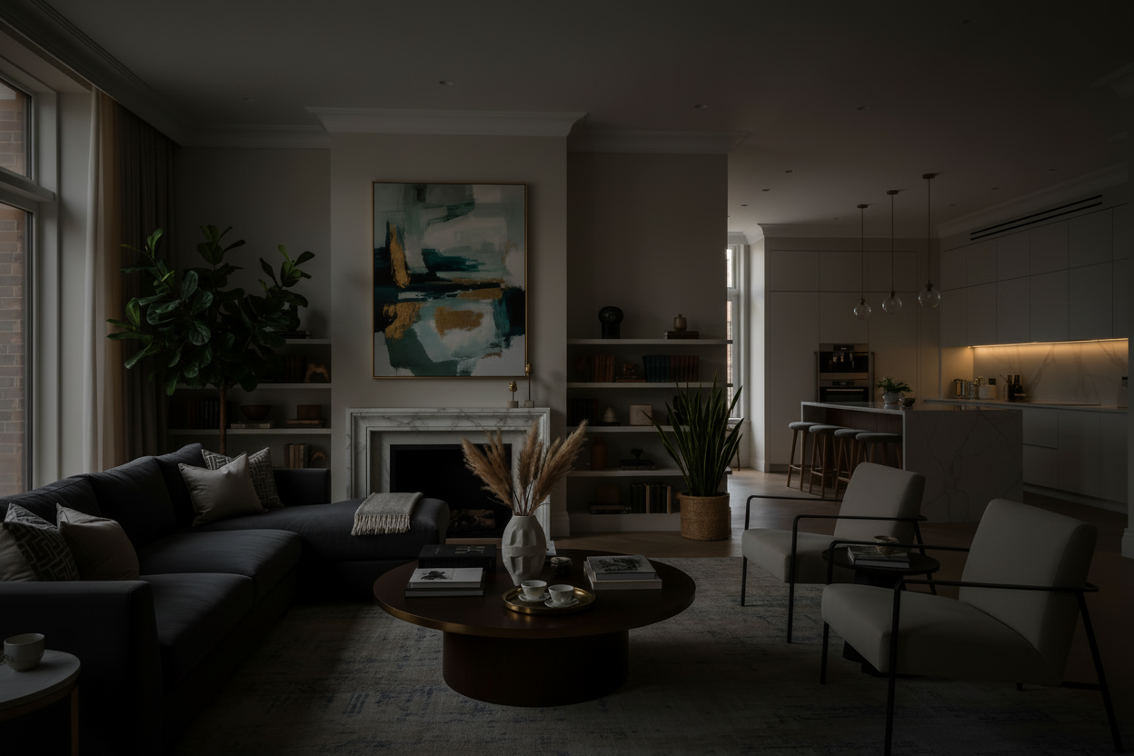 BEAUTIFUL IMAGE OF A BEAUTIFUL HOME LIVING ROOM, WITH SUAVE DECORATIONS, FURNISHING, KITCHEN FEEBLY VISIBLE